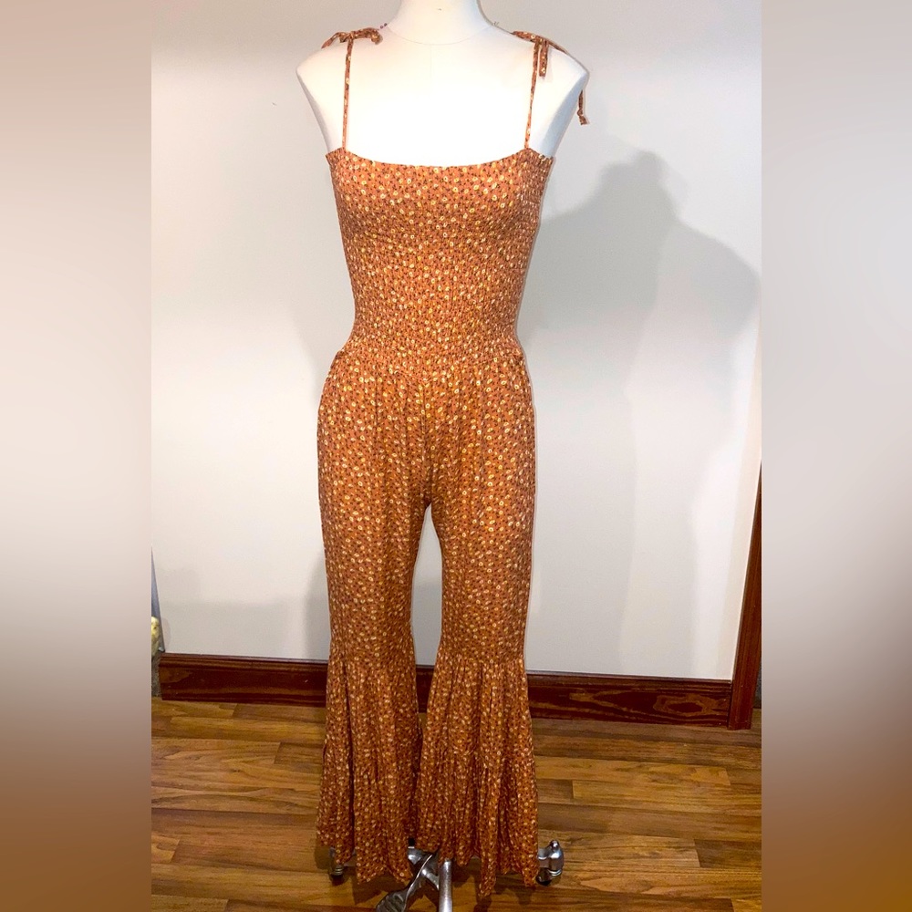 NWT: STORIA Boho Smocked Floral Print Bell Bottom Jumpsuit ~ Size L